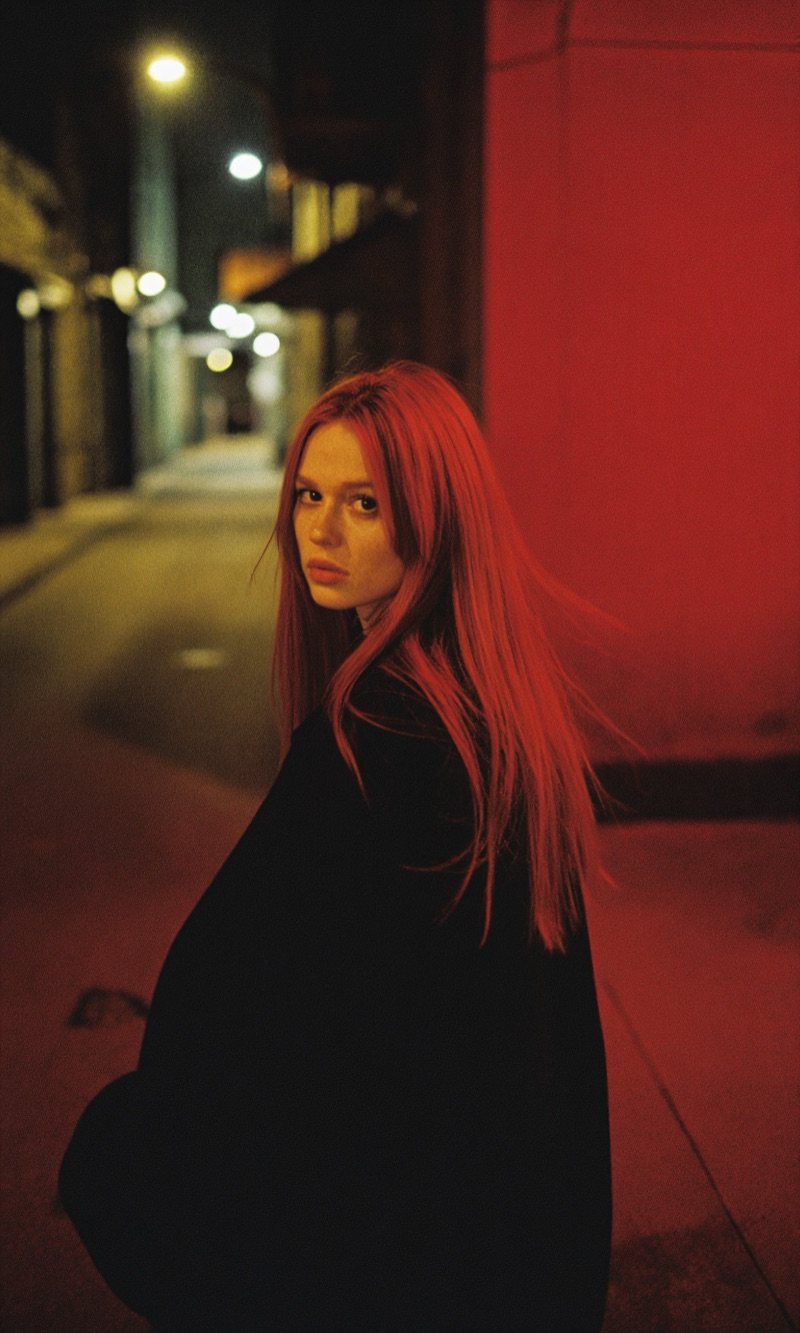 Red After Dark · by Grain_and_gain · red wall, night portrait, film grain