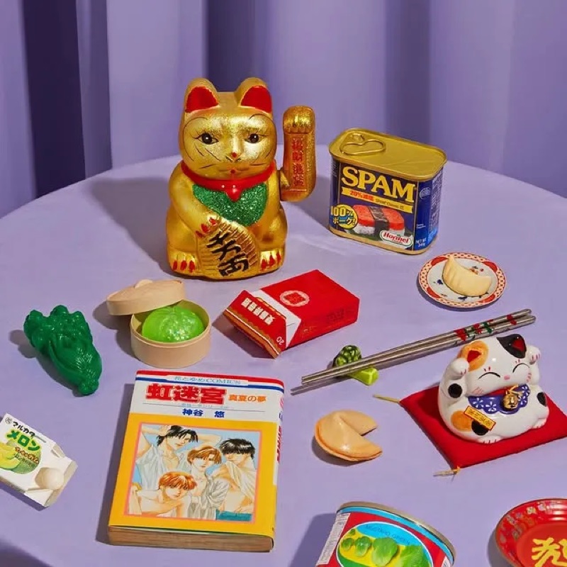 Lucky Table · by Laura Baiardini · lucky cat, fortune cookies, purple tabletop