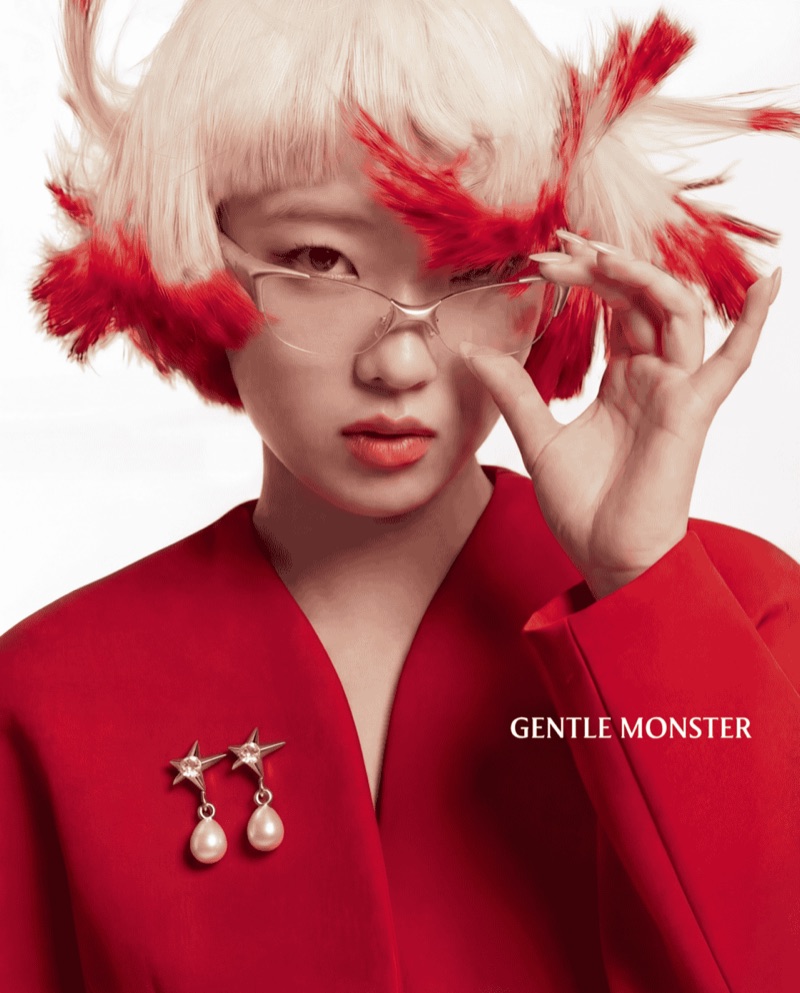 Gentle Monster · by SQUAD · beauty portrait, red feathers, eyewear campaign