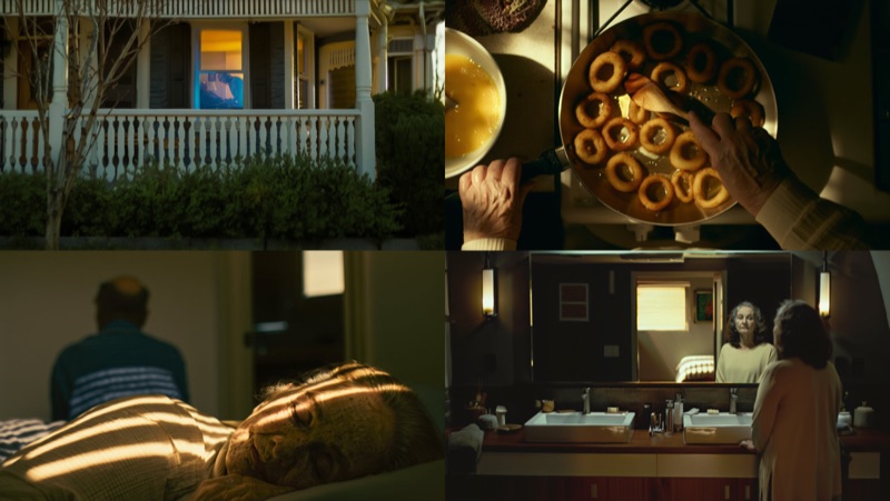 Nightfalling Frames · by Eliott Mogenet · film still grid, warm interiors, night exterior