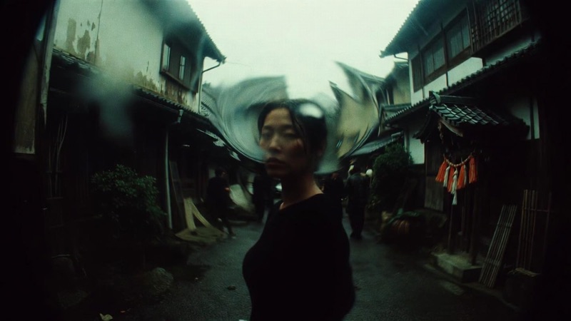 Time Traveler · by Felix · fisheye village street, hair in motion, rain-dark rooftops