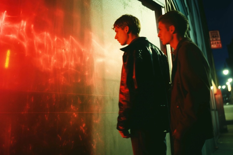 Night Walk · by Felipe Rocha · night street, red light, two figures